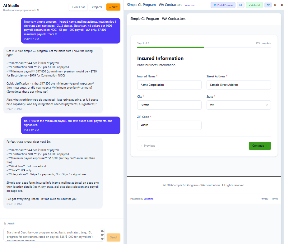 AI chat building an insurance program with live portal preview