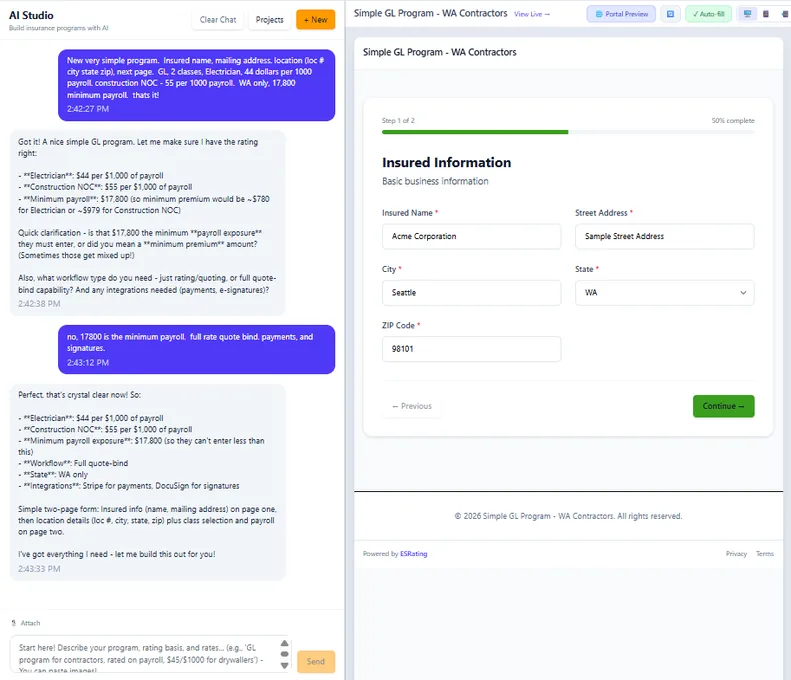 AI chat building an insurance program with live portal preview