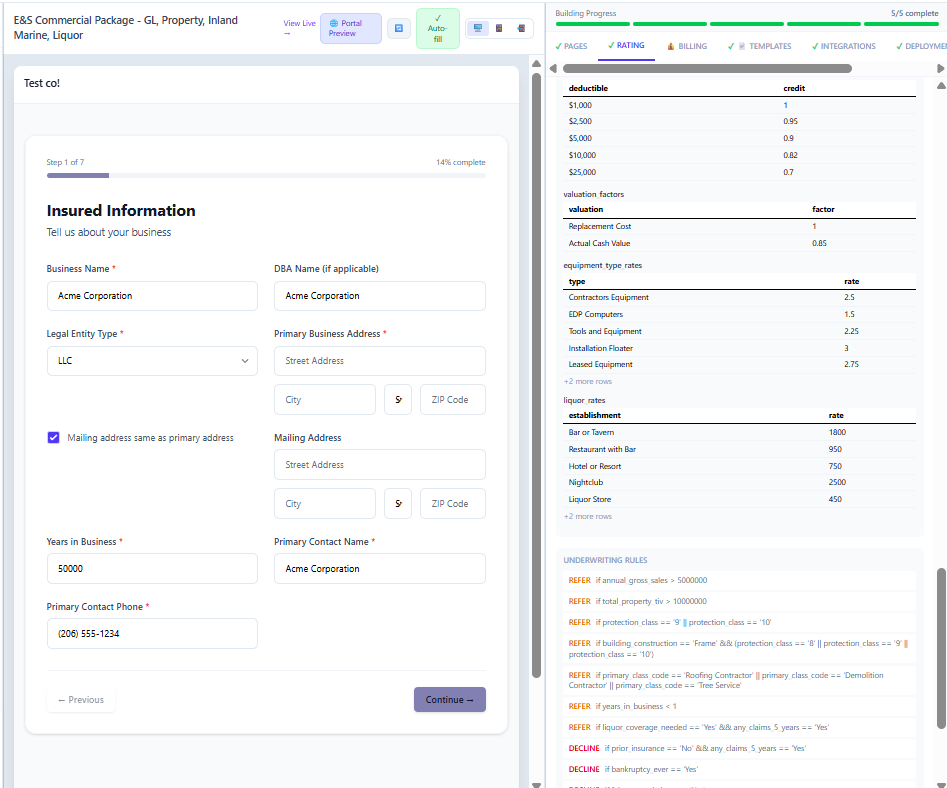Rating tables with class codes, state factors, and underwriting rules