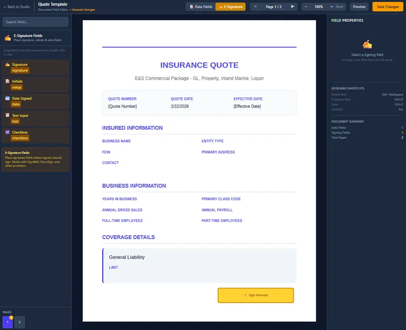Document builder with data fields and e-signature placement