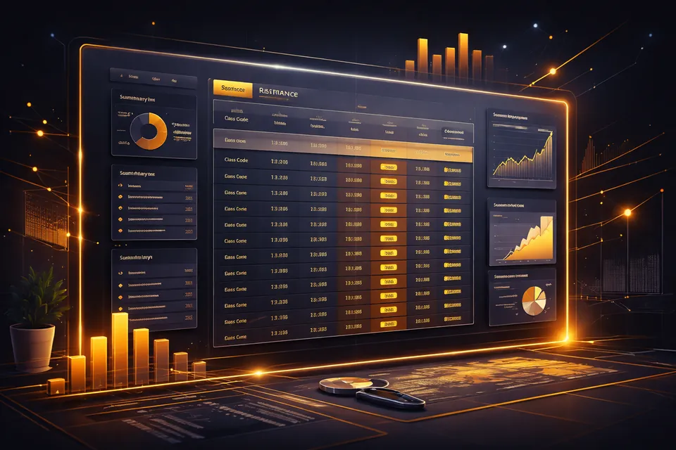 Illustration of insurance rating engine concept — abstract data tables and rate factors